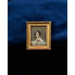 Miniature On Paper Of French Noblewoman - France 1840